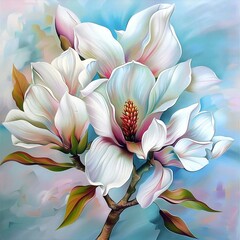 A cluster of white flowers with pink and yellow centers blooms against a soft, dreamy background, surrounded by lush green leaves, in a realistic oil painting conveying tranquility and natural beauty.