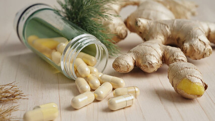 Ginger and Herbs: A still-life composition showcases the natural elements of ginger alongside health capsules spilling from a glass jar.
