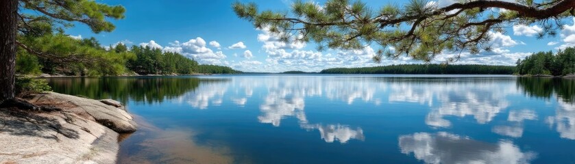 Scenic view of lake in pine forest under cloudy blue sky concept. Scenic lake reflecting clouds and trees in a tranquil setting.