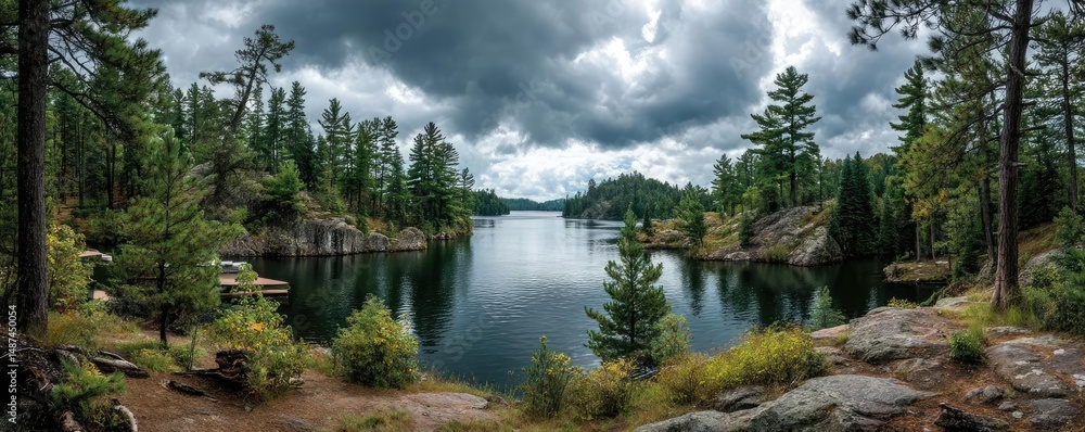 Poster scenic view of lake in pine forest under cloudy blue sky concept. beautiful serene lake surrounded b