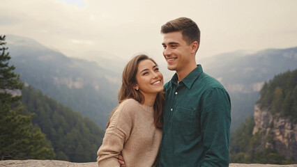 Love's Embrace: A tender moment unfolds as a couple stands together amidst the picturesque panorama of towering mountains, the landscape enhancing their bond and sharing a tender loving moment.