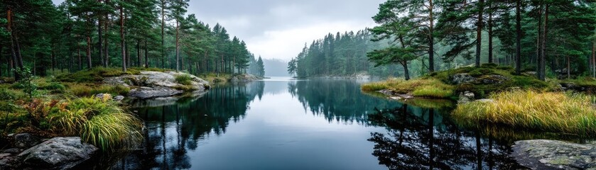 Obraz premium Scenic view of lake in pine forest under cloudy blue sky concept. Serene landscape of a calm lake surrounded by lush trees.