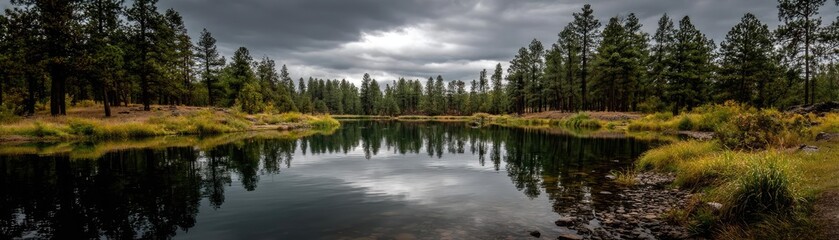 Obraz premium Scenic view of lake in pine forest under cloudy blue sky concept. Tranquil lake surrounded by lush trees under moody skies.