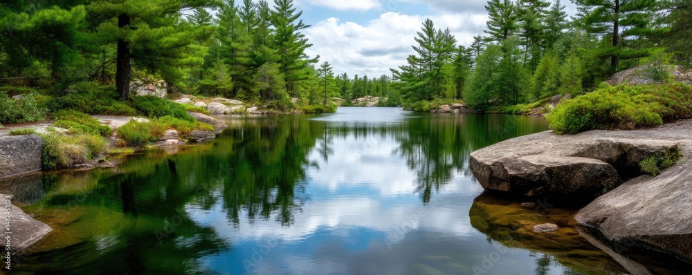 Poster scenic view of lake in pine forest under peaceful nature concept. serene lake surrounded by lush gre