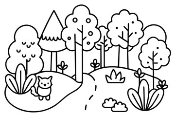 Fototapeta premium Minimalist line drawing shows a cartoon fox by foliage along a forest path