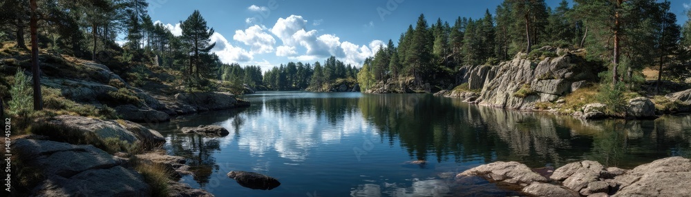 Poster scenic view of lake in pine forest with rock and trees concept. a serene lake surrounded by lush gre