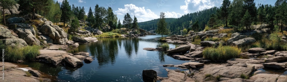 Poster Scenic view of lake in pine forest with rock and trees concept. Serene river landscape surrounded by tall trees and rocky formations.