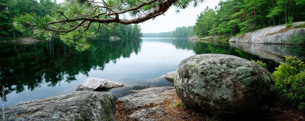 Aufkleber scenic view of lake in pine forest under peaceful nature concept. tranquil lake surrounded by lush t
