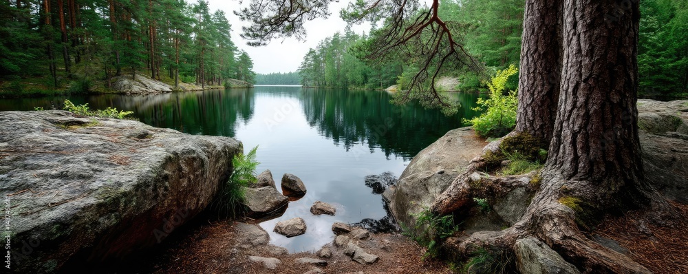 Poster scenic view of lake in pine forest under peaceful nature concept. a tranquil landscape featuring a s