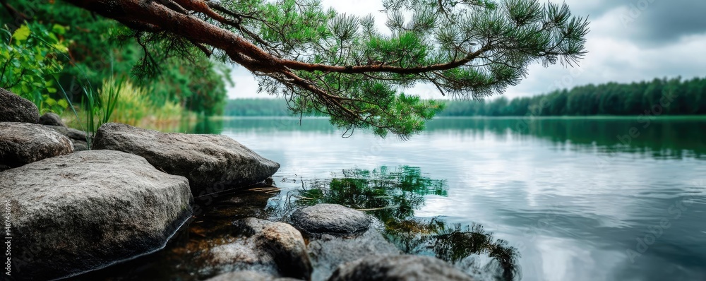 Poster Scenic view of lake in pine forest under peaceful nature concept. Serene lake view with lush greenery and tranquil waters.