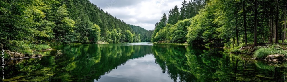 Aufkleber scenic view of lake in pine forest under cloudy blue sky concept. a serene forest landscape with a t