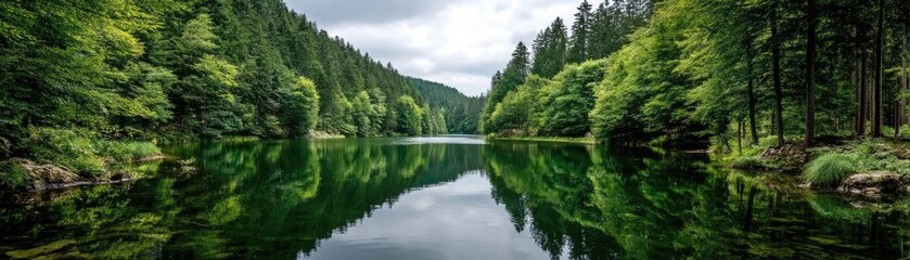 Scenic view of lake in pine forest under cloudy blue sky concept. A serene forest landscape with a tranquil lake and lush greenery.