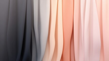 Obraz premium Fabrics in soft pastel colors hanging in a row, elegant textile textures for fashion design, home decor, sewing projects, drapery, and upholstery inspiration.