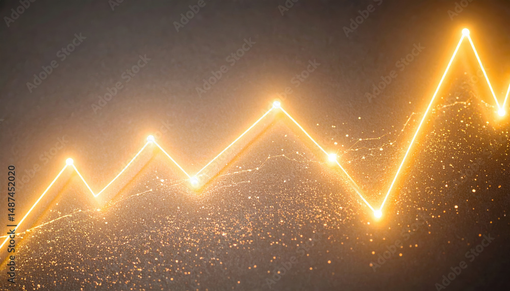 Poster glowing golden light line graph showing smooth rising trend with bright points on dark background