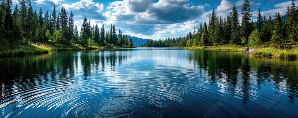 Poster scenic view of lake in pine forest under cloudy blue sky concept. serene lake surrounded by lush tre