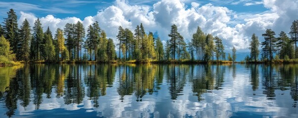 Fototapeta premium Scenic view of lake in pine forest under cloudy blue sky concept. Scenic view of tranquil lake reflecting trees and clouds.