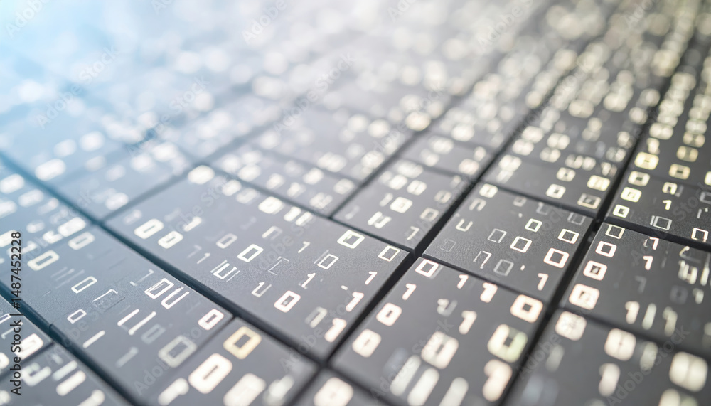 Poster close up of digital binary code on black panels showing technology and data flow