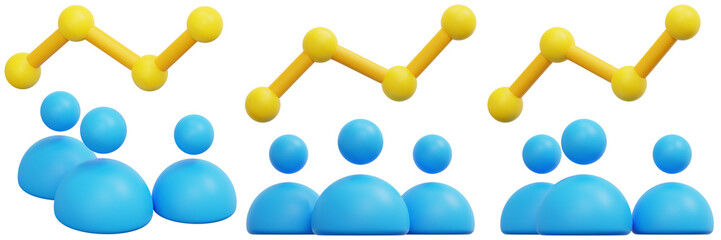 Set of Abstract 3D Illustration of Teamwork and Growth Blue People Figures and Yellow Ascending Lines 3d Render Icon Illustration