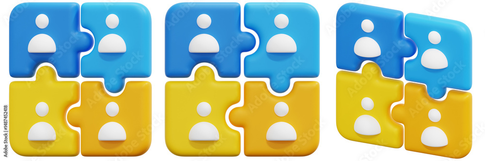 Poster set of abstract 3d puzzle pieces representing teamwork and collaboration 3d render icon illustration