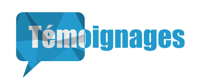 Blue TEMOIGNAGES (TESTIMONIALS in French) icon with speech bubble on transparent background