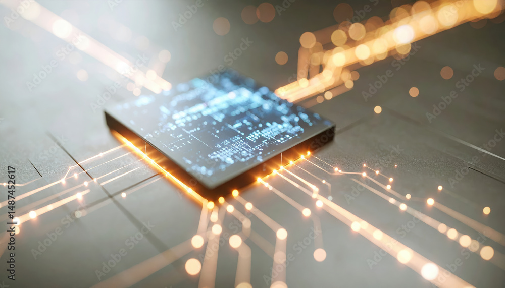 Poster glowing microchip with illuminated circuit lines on motherboard showing advanced technology