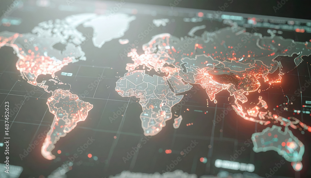 Poster holographic world map with glowing data points highlighting global network activity and breach