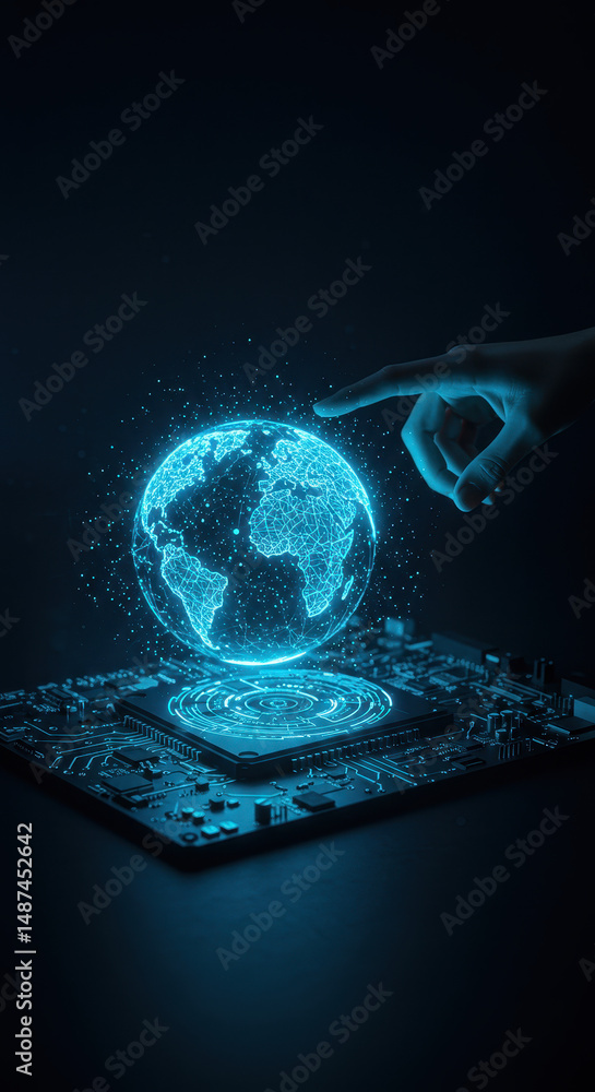 Poster global tech: connecting the world via futuristic ai & digital networks on a motherboard. future is n