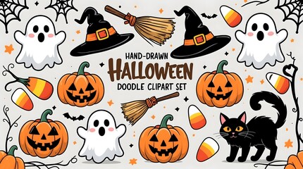 Obraz premium Hand-Drawn Halloween Doodle Clipart Set: Capturing the essence of spooky season with whimsical illustrations, creating a festive and playful vibe.
