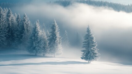 Obraz premium Snowy Forest Landscape in Winter Mist A Serene Mountain Scene