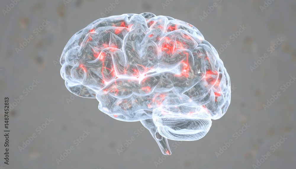 Aufkleber translucent brain with red illuminated threat zones highlighting neural activity and connections