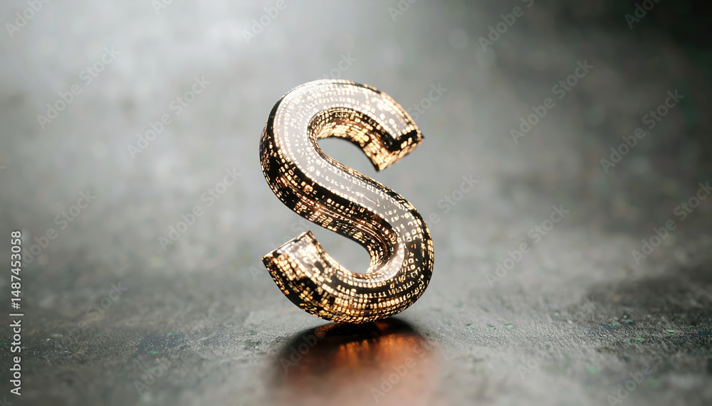 Aufkleber glowing letter s with digital code texture standing on reflective surface in soft light