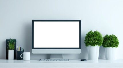 Modern desk setup with wide computer monitor, potted plants, stationery, and clean workspace for efficient productivity and creative inspiration at home