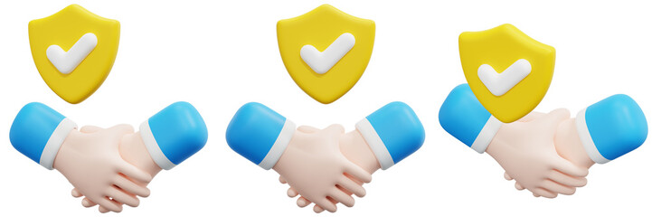 Set of 3D Rendered Handshakes with Yellow Shields and Check Marks on a Transparent Background 3d Render Icon Illustration