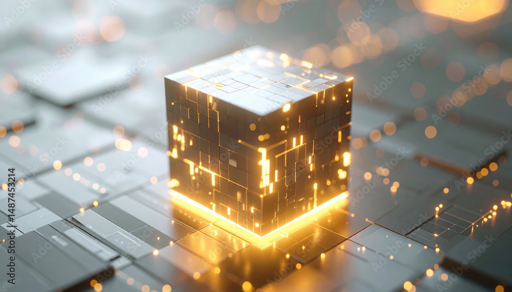 Poster glowing futuristic cube with illuminated circuit patterns on metallic surface emitting warm light