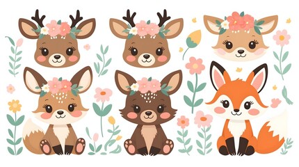 Charming Woodland Creatures in Floral Crowns: Adorable deer and a fox adorned with floral crowns, nestled amidst delicate flowers and leaves.