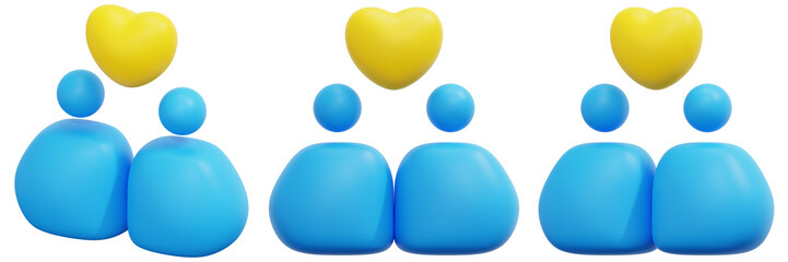 Set of Pairs of Blue 3D Figures with Yellow Hearts Teamwork Illustration 3d Render Icon Illustration