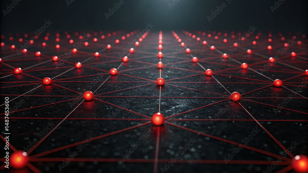 Poster dark digital battlefield showing defense node network with glowing red points and lines