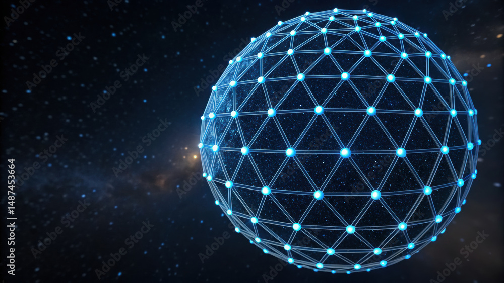 Poster glowing blue digital sphere made of interconnected nodes floats in space with cosmic background