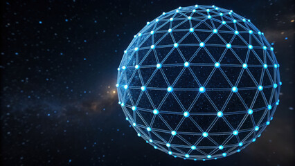 Glowing blue digital sphere made of interconnected nodes floats in space with cosmic background