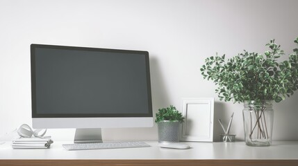 Modern home office workspace with computer monitor, office supplies, and decorative plants on a clean desk, minimalistic design, bright aesthetic