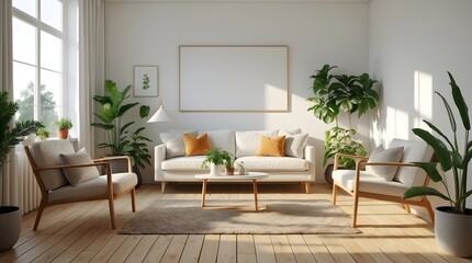 Serene Interior: A light-filled living space exuding tranquility, with modern furniture and lush plants, is the epitome of elegant interior design, evoking feelings of calm.
