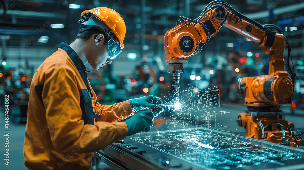 Poster engineer check and control welding robotics automatic arms machine in factory automotive industrial.