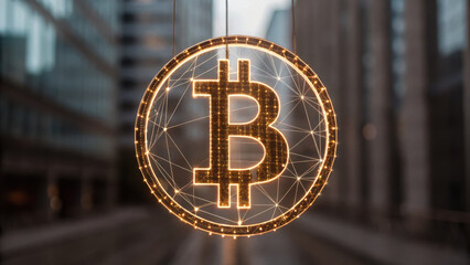 Stylized glowing cryptocurrency symbol hanging in urban environment with blurred buildings