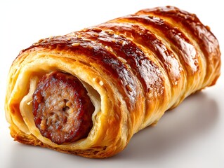 A delicious golden-brown sausage roll pastry baked to perfection with flaky layers and sesame seeds sits on a white background.