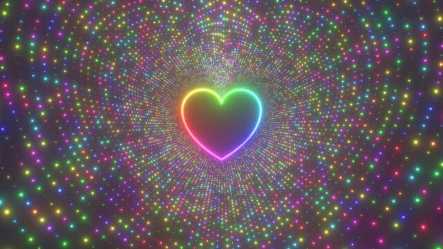 Bright Rainbow Color Neon Glowing Heart Sparkle Lights Tunnel Shines - 4K Seamless VJ Loop Motion Background Animation