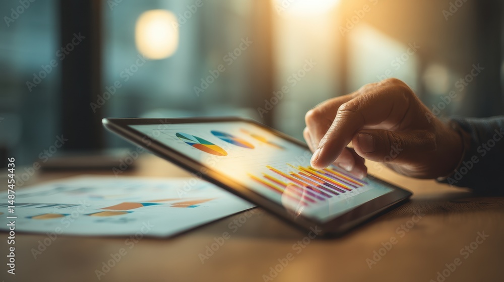 Aufkleber business analytics and data visualization on tablet with hand interacting with charts and graphs in 