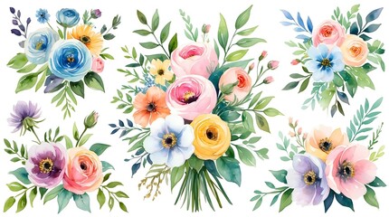 Watercolor Floral Bouquet Set: A beautiful watercolor floral bouquet set in a romantic style, featuring vibrant roses, anemones, and delicate leaves in shades of pink, blue, yellow, and purple.