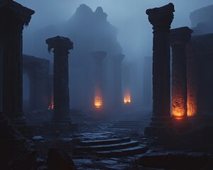 Ancient ruins shrouded in a misty twilight.