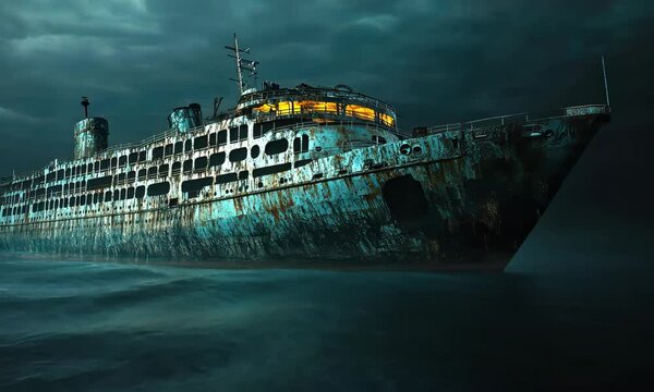 Stormy ocean scene with damaged ship