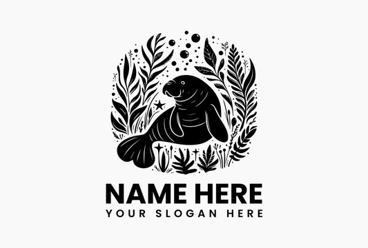 Cheerful manatee vector silhouette gliding through underwater plants with rising bubbles on clean white background. Aquatic life logo